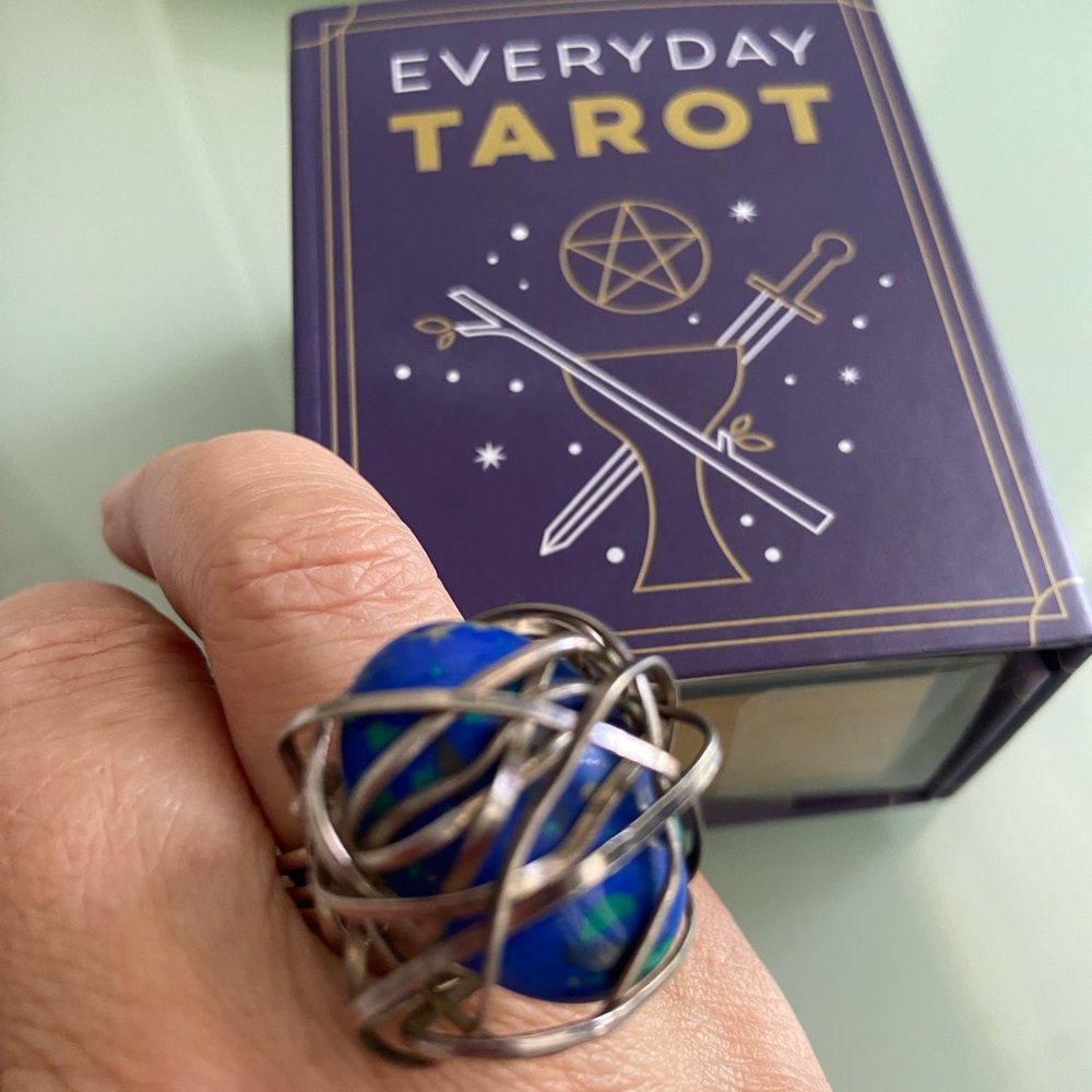 Silver Wire Caged Lapis Ring- Artisan Made, Vtg - image 1